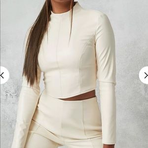 Ivory faux leather cropped long sleeve